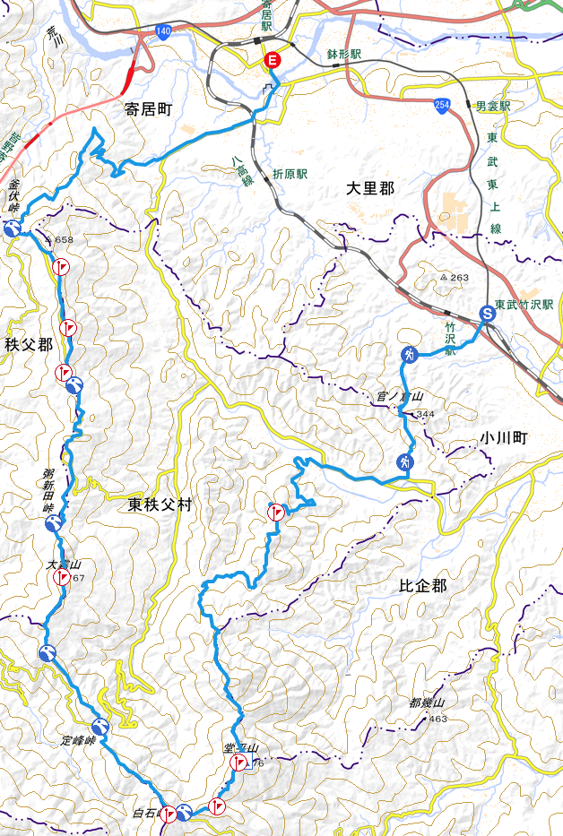 外秩父七峰縦走コースの地図